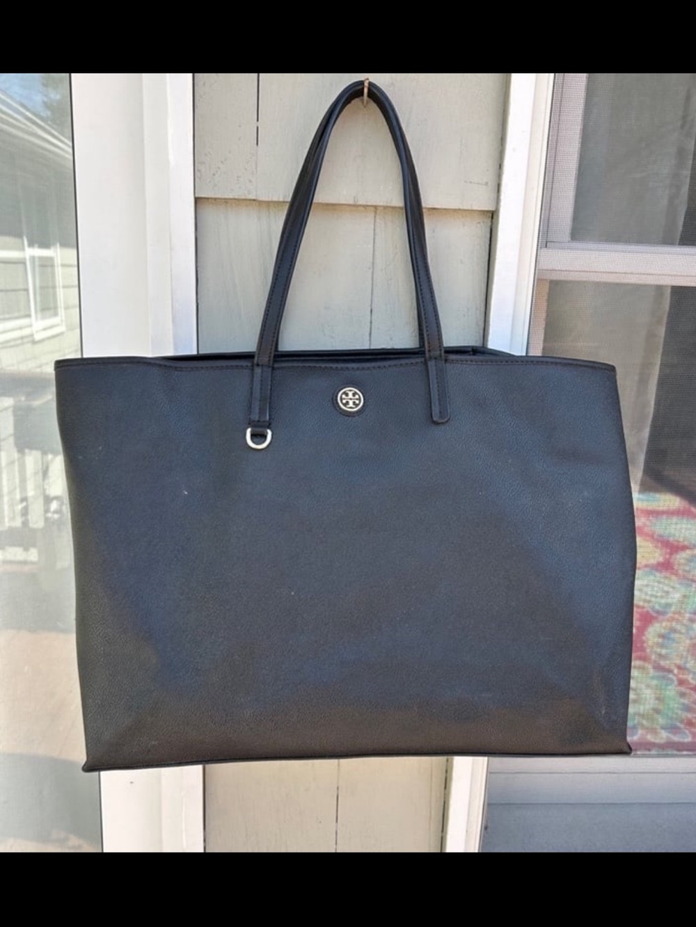 Tory Burch Black Pebble Leather Shopping Shoulder Tote Bag